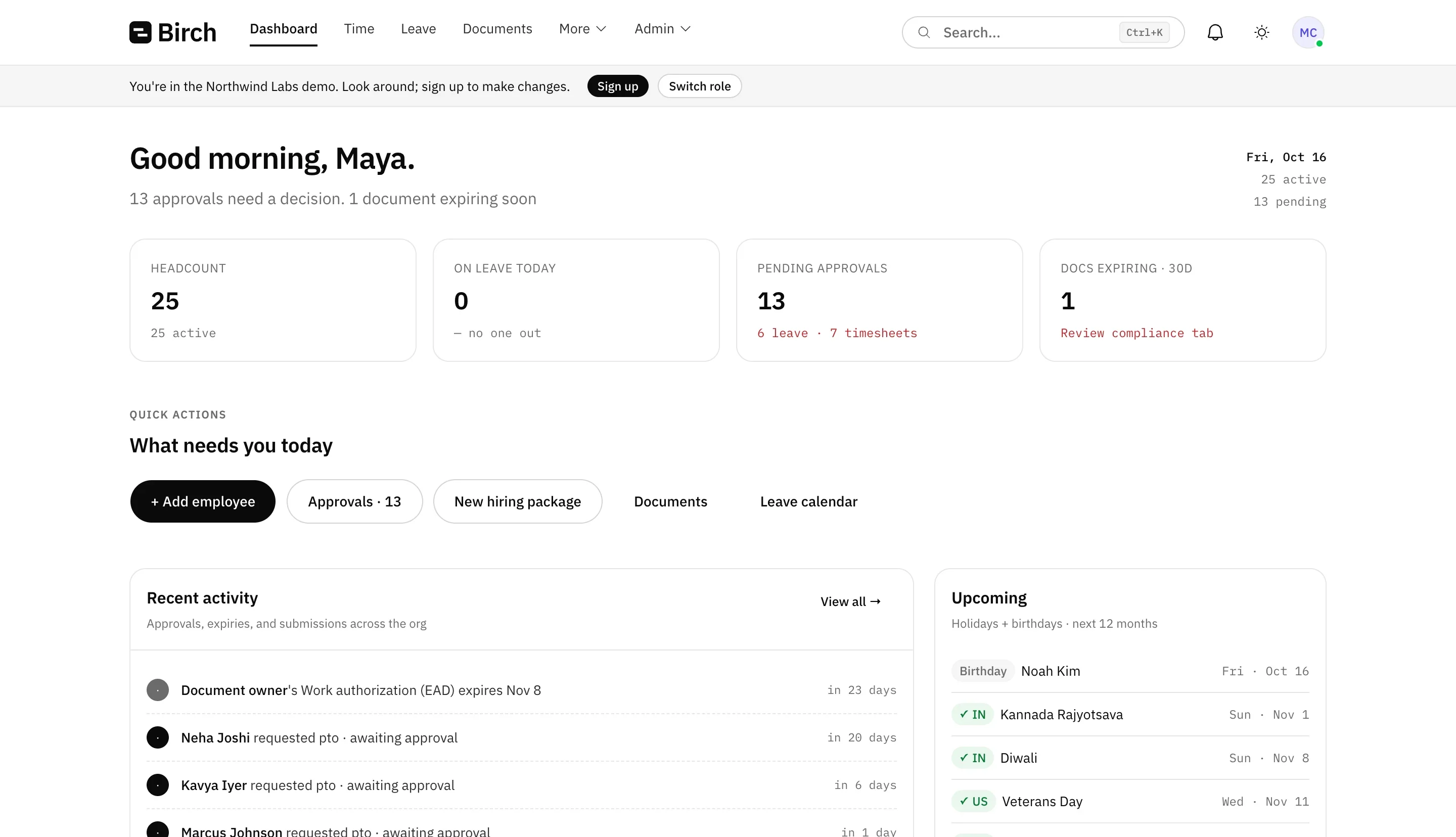 The Birch dashboard for the Northwind Labs demo company: 25 people, 13 approvals waiting, one document expiring, and upcoming Indian and US holidays.